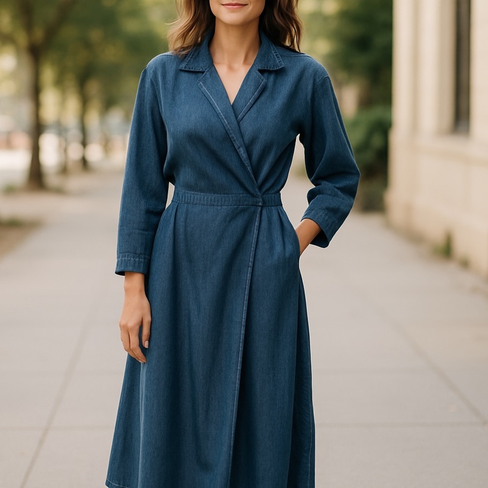 80s CLIFFORD & WILLIS DISTRESSED BLUE DENIM WRAP MAXI DRESS W CIRCLE SKIRT SZ 12 - Picture 1 of 7